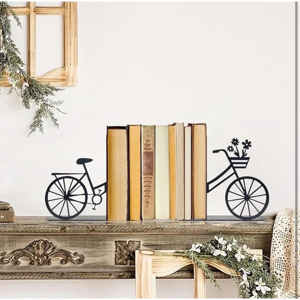 Bicycle Metal Bookends, Black Floral Bike Decorative Book Ends for Shelves‎